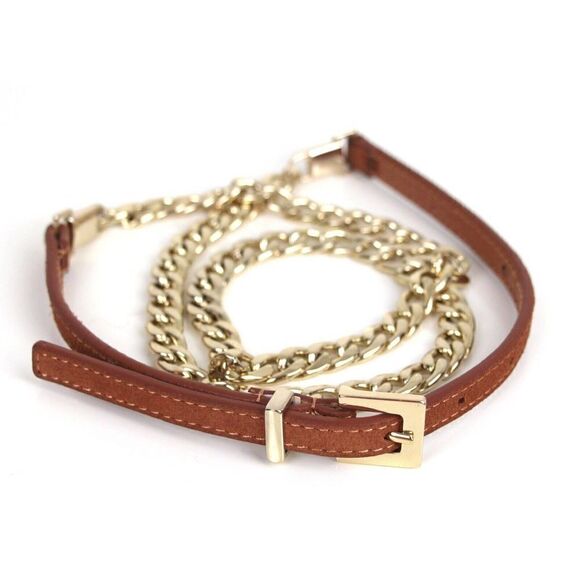 SKINNY BROWN LEATHER SILVER CHAIN 3/8"Wd DRESS WOMEN'S BELT Sz L-XL (B7 - Picture 1 of 10